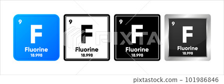 Fluorine chemical element with 9 atomic number, atomic mass and electronegativity values. Periodic table concept. Logo in four design. Simple black, realistic and color logo. Vector illustration. 101986846
