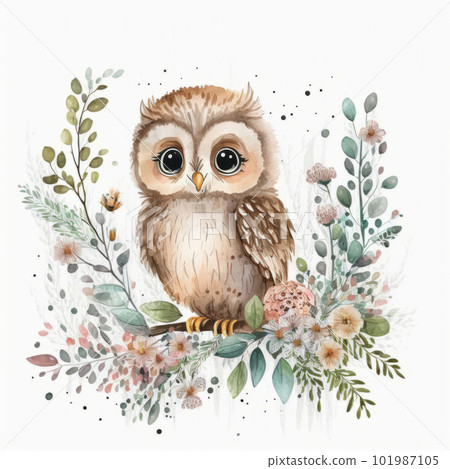 Cute watercolor baby owl. Illustration AI Generative 101987105