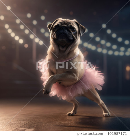 Pug Dod in a light pink ballet skirt is dancing like a ballerina, Illustration AI Generative 101987171