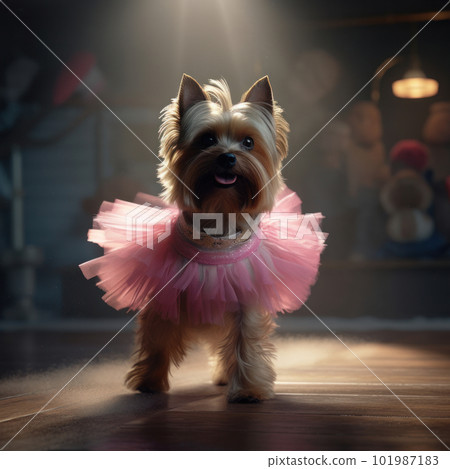 Yorkshire Terrier dog in a light pink ballet skirt is dancing like a ballerina,, Illustration AI Generative 101987183