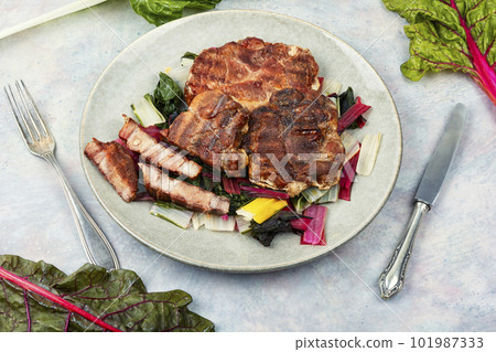 Grilled steak with green salad. Grilled steak with green salad. 101987333