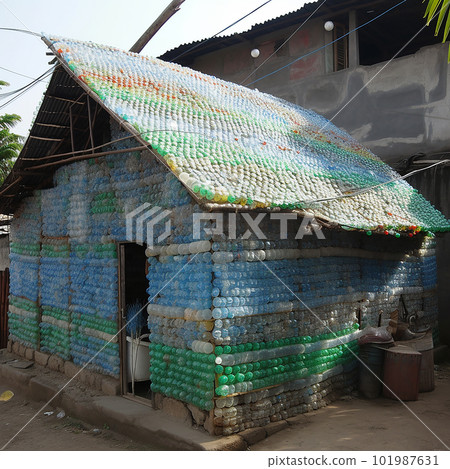 House made of plastic bottles, creative architecture, the concept of environmental protection, respect for nature, garbage disposal 101987631