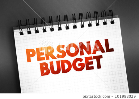 Personal budget - finance plan that allocates future personal income towards expenses, savings and debt repayment, text on notepad, concept background 101988029