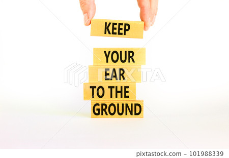 Keep your ear to the ground symbol. Concept words Keep your ear on the ground on wooden blocks. Businessman hand. Beautiful white background. Business keep your ear on the ground concept. Copy space. 101988339