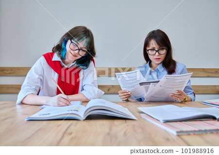 Young teenage female studying foreign languages in course with teacher Young teenage female studying foreign languages in course with teacher 101988916