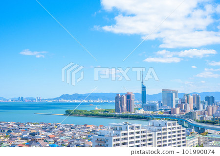 Fukuoka Tower and the scenery of Hakata Bay around Momochi, the view from Mt. Atago Akizora, Fukuoka City Fukuoka Tower and the scenery of Hakata Bay around Momochi, the view from Mt. Atago Akizora, Fukuoka City 101990074