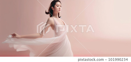 Asian woman with a beautiful face against light pink background - full body studio shot - made with 101990234