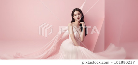 Asian woman with a beautiful face against light pink background - full body studio shot - made with 101990237