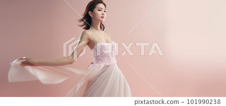 Asian woman with a beautiful face against light pink background - full body studio shot - made with 101990238