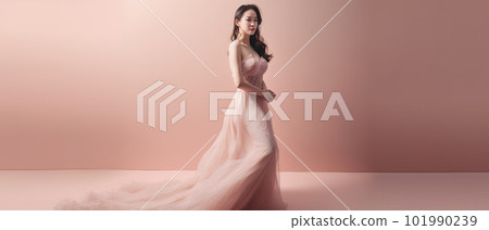 Asian woman with a beautiful face against light pink background - full body studio shot - made with Asian woman with a beautiful face against light pink background - full body studio shot - made with 101990239