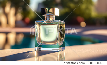 Luxury perfume with fresh natural scent for women, glass fragrance bottle by the swimming pool on a summer day, generative AI 101990476