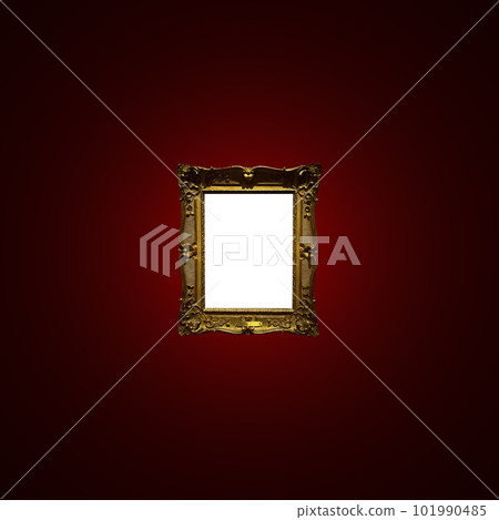 Antique art fair gallery frame on royal red wall at auction house or museum exhibition, blank template with empty white copyspace for mockup design, artwork 101990485