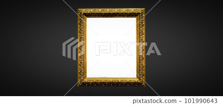 Antique art fair gallery frame on royal black wall at auction house or museum exhibition, blank template with empty white copyspace for mockup design, artwork 101990643