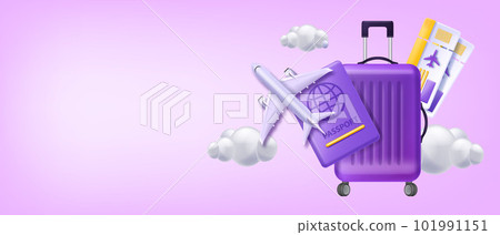 3D plane travel vacation banner, vector passport, airplane ticket, suitcase bag summer holiday.  101991151