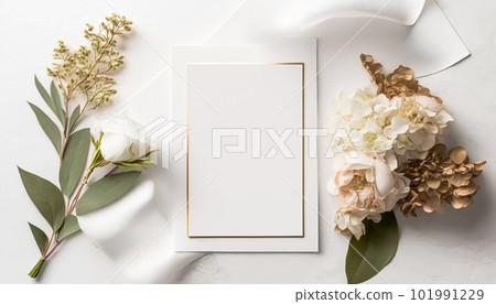 Beautiful luxury wedding stationery flatlay with floral decor, blank paper invitation, letter or gift card and blooming flowers, empty copyspace for mockup, generative AI 101991229