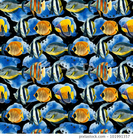 Seamless pattern. Tropical fish in bright colors and blue spots, hand-drawn in watercolor on a black background. Suitable for printing on fabric, paper, design and scrapbooking, for books creativity Seamless pattern. Tropical fish in bright colors and blue spots, hand-drawn in watercolor on a black background. Suitable for printing on fabric, paper, design and scrapbooking, for books creativity 101991357