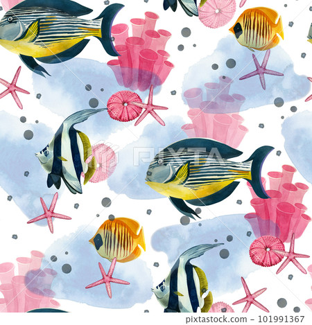 Seamless pattern. Tropical fishes of bright colors, pink stars, corals and blue spots, hand-drawn in watercolor on a white background. Suitable for printing on fabric, paper, design and scrapbooking Seamless pattern. Tropical fishes of bright colors, pink stars, corals and blue spots, hand-drawn in watercolor on a white background. Suitable for printing on fabric, paper, design and scrapbooking 101991367