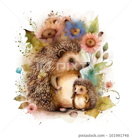 Cute little hedgehog with mom. Watercolor painting. Illustration AI Generative Cute little hedgehog with mom. Watercolor painting. Illustration AI Generative 101991748