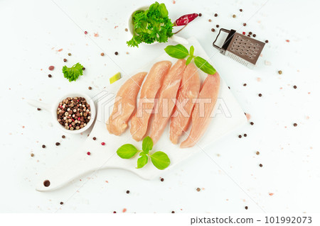Ogranic food,healthy eating.Food concept.Top view.Chicken breast Fillets.Raw fresh chicken fillet.Copy space.Food for retail.Close up.Raw chicken meat. 101992073