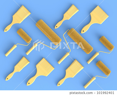 Set of metal cans or buckets with paint rollers and brushes on monochrome. 101992401