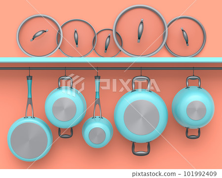 Set of stewpot, frying pan and chrome plated cookware hanging on shelf on pink 101992409