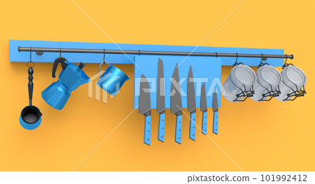 Set of kitchen utensil, stewpot, frying pan and chrome cookware hanging on shelf 101992412