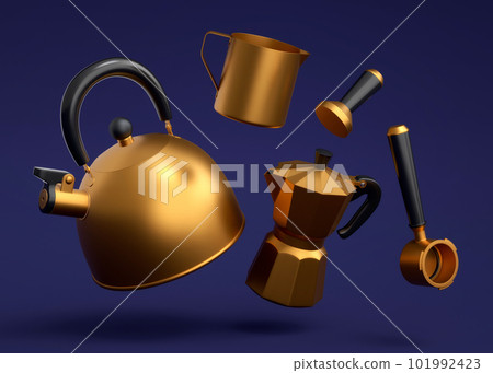 Espresso coffee machine with horn, kettle and geyser coffee maker on blue 101992423