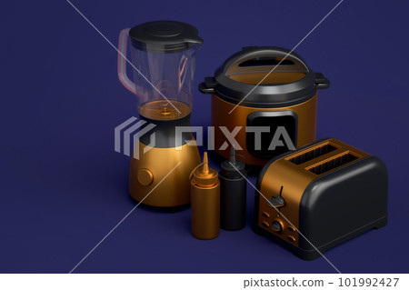 Toaster, kettle with kitchen utensil for preparation of breakfast on blue 101992427