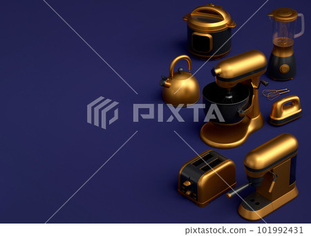 Electric kitchen appliances and utensils for making breakfast on blue background 101992431