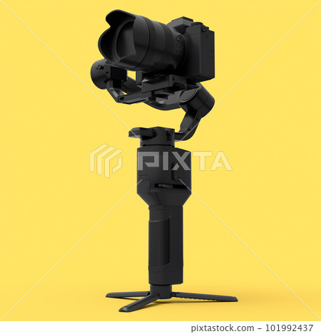 3-axis gimbal stabilization system with nonexistent mirrorless camera on yellow 101992437