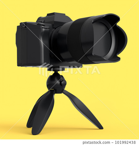 Concept of nonexistent DSLR camera with tripod isolated on yellow monochrome 101992438