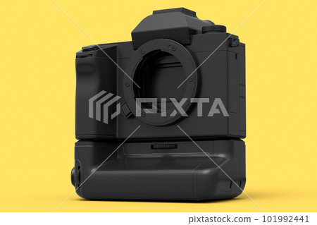 Concept of nonexistent gold DSLR camera isolated on yellow monochrome background Concept of nonexistent gold DSLR camera isolated on yellow monochrome background 101992441