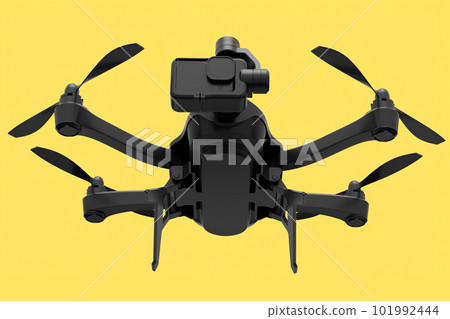 Flying photo and video drone or quad copter with action camera on yellow 101992444