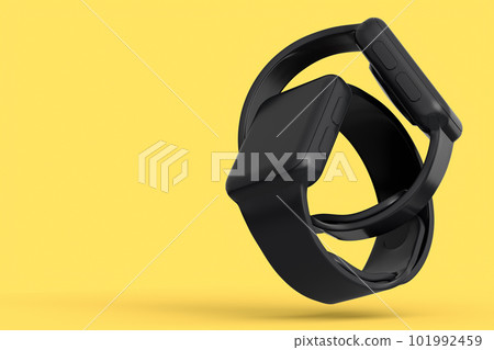 Set of monochrome smart watches or fitness tracker isolated on yellow background Set of monochrome smart watches or fitness tracker isolated on yellow background 101992459