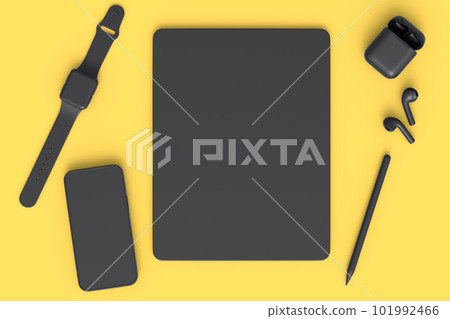 Computer tablet with stylus, smartwatch phone and headphone on yellow background Computer tablet with stylus, smartwatch phone and headphone on yellow background 101992466