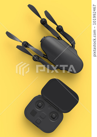 Photo and video drone or quad copter with action camera and remote on yellow 101992467