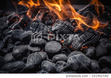 Charcoal Flames Background for Barbecue. Empty Burning charcoal for product placement. Generative AI illustration 101992580