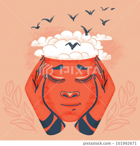 Human head with brain-shaped clouds. Flying birds as a symbol of dreams, freedom and hope. Creative ideas, meditation and inspiration Human head with brain-shaped clouds. Flying birds as a symbol of dreams, freedom and hope. Creative ideas, meditation and inspiration 101992671
