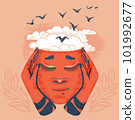 Human head with brain-shaped clouds. Flying birds as a symbol of dreams, freedom and hope. Creative ideas, meditation and inspiration 101992677