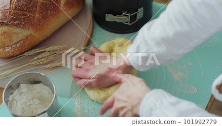 Woman kneading the dough in the kitchen. Cooking at home, enjoying hobby. Making hand-made bread. 101992779