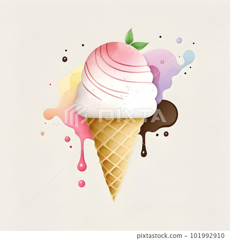Ice cream waffle cone logo watercolor illustration Ice cream waffle cone logo watercolor illustration 101992910
