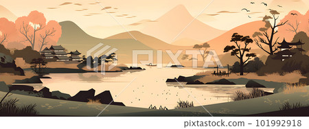 Japanese rural traditional landscape with village Japanese rural traditional landscape with village 101992918