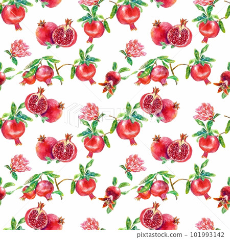 Watercolor drawn pomegranate fruit on a branch with leaves and flowers. Seamless pattern. Illustration isolated on background. Textile design. Watercolor drawn pomegranate fruit on a branch with leaves and flowers. Seamless pattern. Illustration isolated on background. Textile design. 101993142