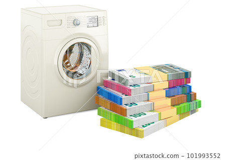 Washing machine with money, euro packs. 3D rendering 101993552