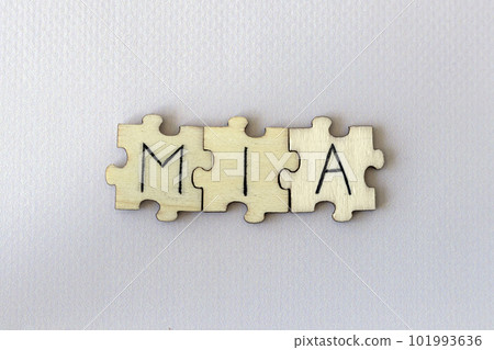 The acronym MIA, which stands for Missing In Action. The letters written on the puzzles. 101993636