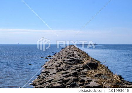 An old stone pier in Parnu Bay. The length is about two kilometers. in the northeastern part of Estonia 101993646