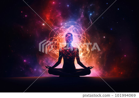 Body silhouette in lotus pose against cosmic background. Generative AI 101994069