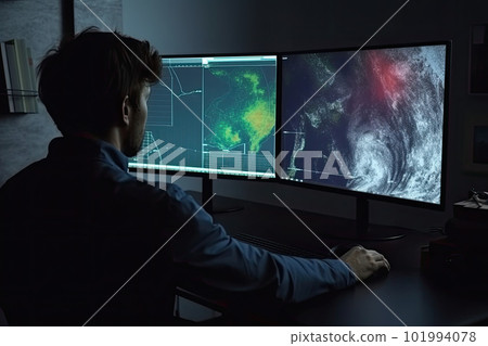 Meteorologist monitoring weather forecast at monitor screen. Generative AI 101994078