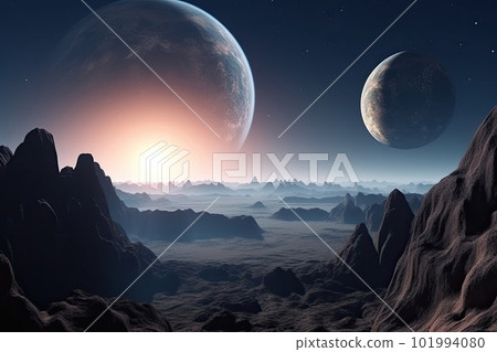 Surface of unknown planet with craters and mountains. Generative AI 101994080