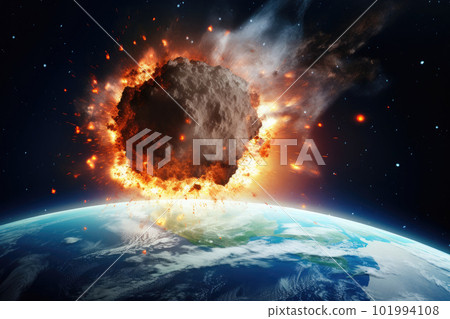 Asteroid falls on planet, view from space. Meteorite burning in atmosphere. Generative AI 101994108